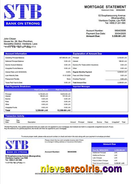 Laos ST Bank mortgage statement Word and PDF template